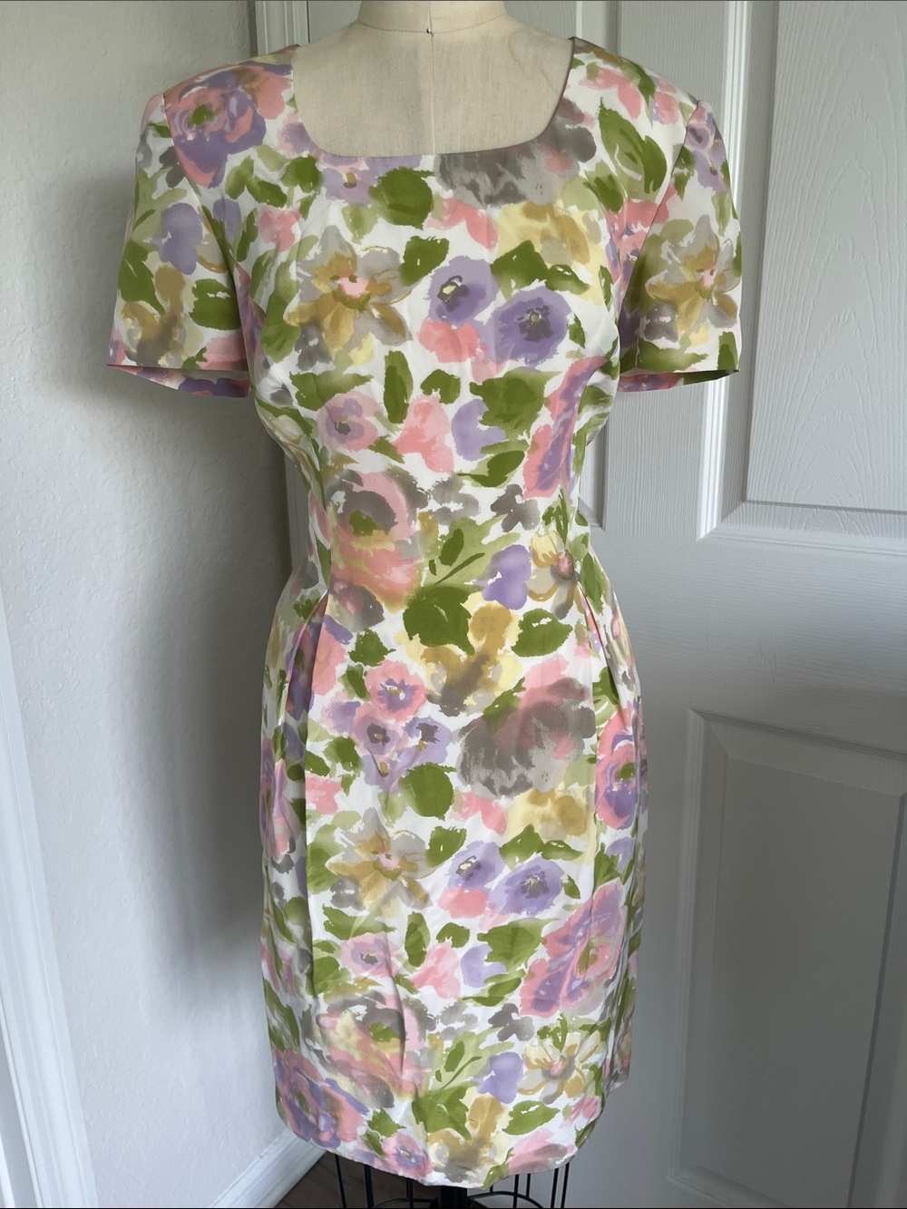 100% Silk Maggy London Garden Floral Midi Dress Spring Summer Wedding Vintage